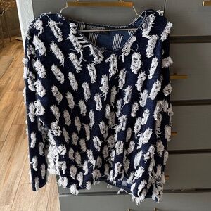 David Brent Navy & White Textured Fringe Sweater - Women